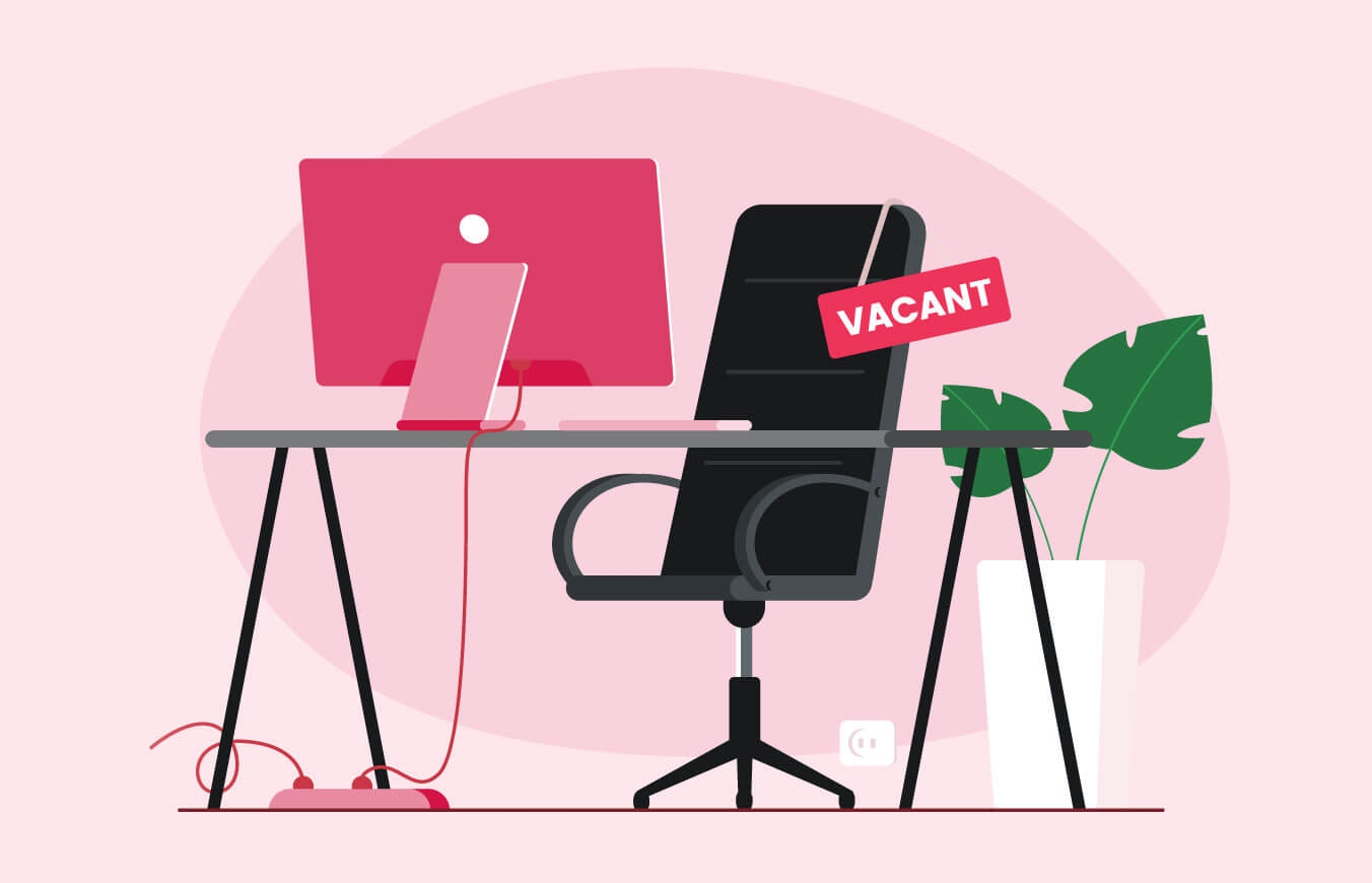 Illustration of an empty desk with a vacant sign.