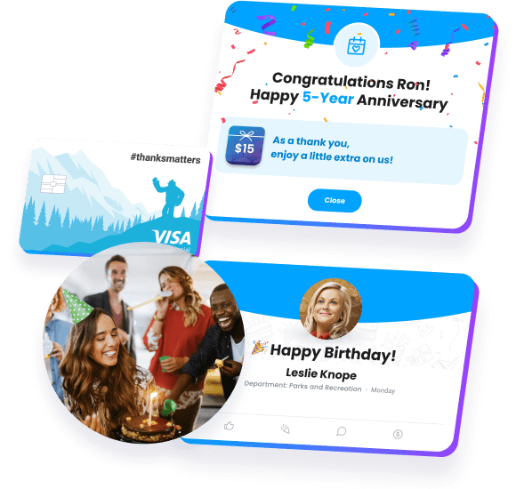 Milestone celebrations in Motivosity for employee service awards, onboarding milestones, and birthday recognition.