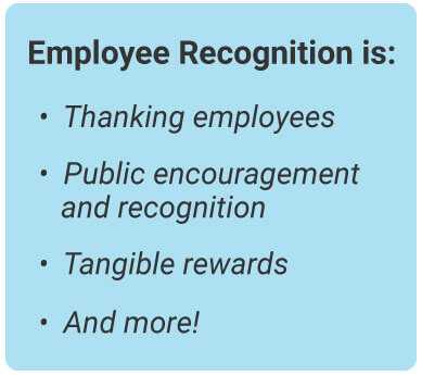 image with text - Employee recognition is: thanking employees, public encouragement, tangible rewards, and more!