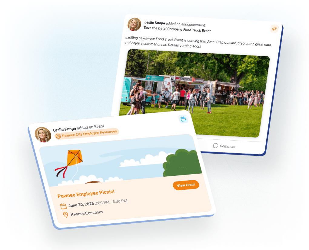 Event invite an announcement, and employee resources in Motivosity to support communication and culture.