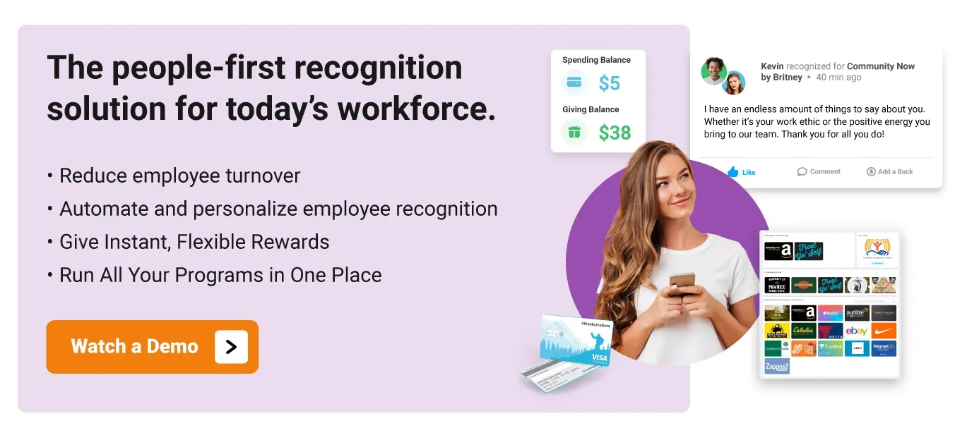 Image of a happy employee using Motivosity to receive recognition and redeem employee rewards. 