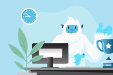Illustration of Carl the yeti sitting at a desk with a computer, pointing towards a trophy.