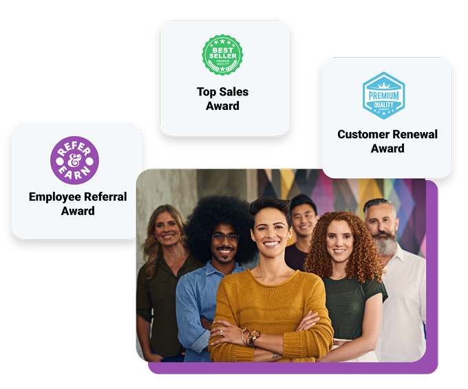 Image of possible acheivement awards in Motivosity, such as "Employee Referral Award," "Top Sales Award," or "Customer Renewal Award." Also an image of employees lining up for a photo, smiling at the camera.