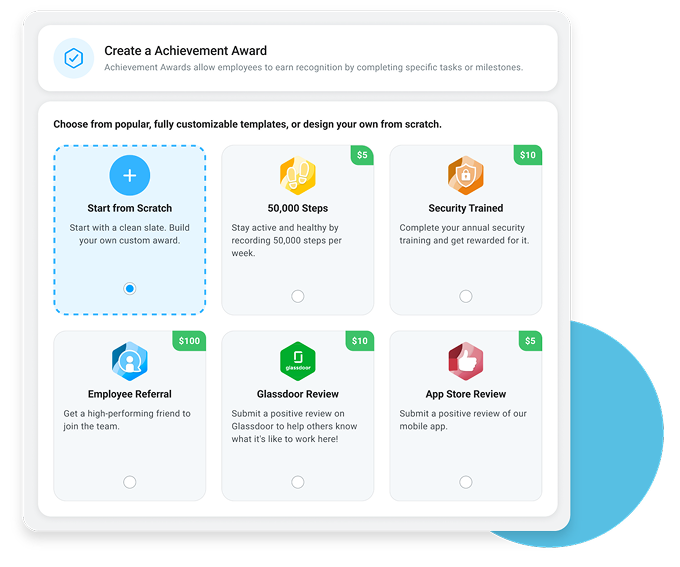 Image of Motivosity product UI showing how to create an achievement award from scratch, or from a customizable template.