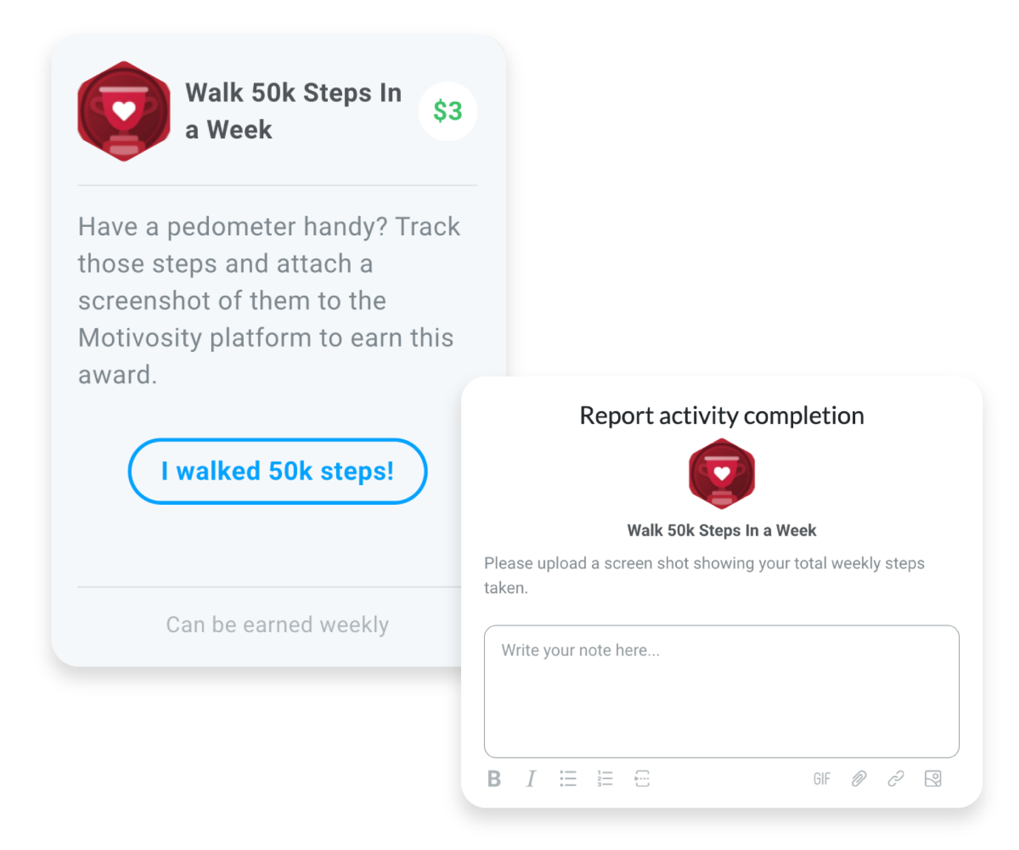 Image of a potential Acheivement Award in Motivosity such as "Walk 50k Steps in a Week," alongside another image showing the activity completion.