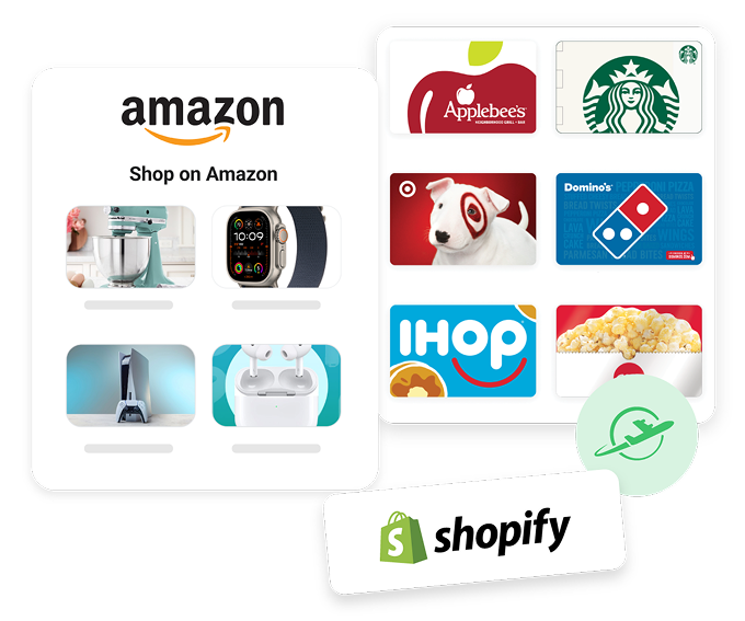 Image of different gift cards that can be awarded in Motivosity, such as Amazon, Applebee's, Starbucks, Target, Domino's, IHOP, or AMC. Plus an additional Shopify logo for Shopify stores than can be connected through Motivosity.