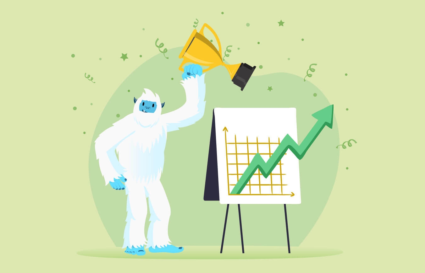 Illustration of Carl the yeti holding a trophy next to a graph trending upwards.
