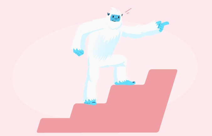 Illustration of a Carl the Yeti walking up a staircase.