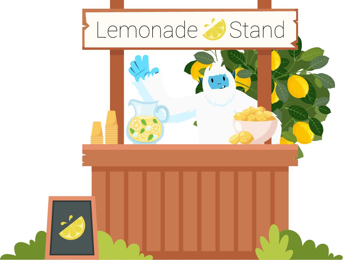Illustration of Carl the Yeti selling Lemonade at a stand.
