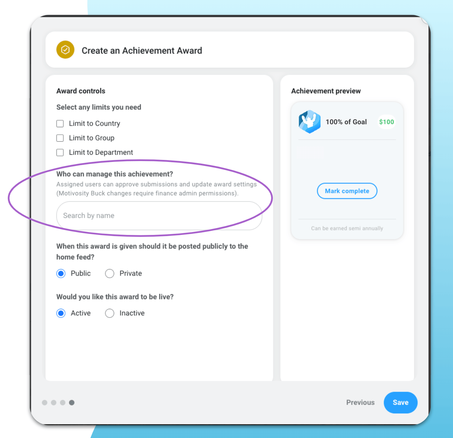 Image of the Motivosity interface to create an achievement award.