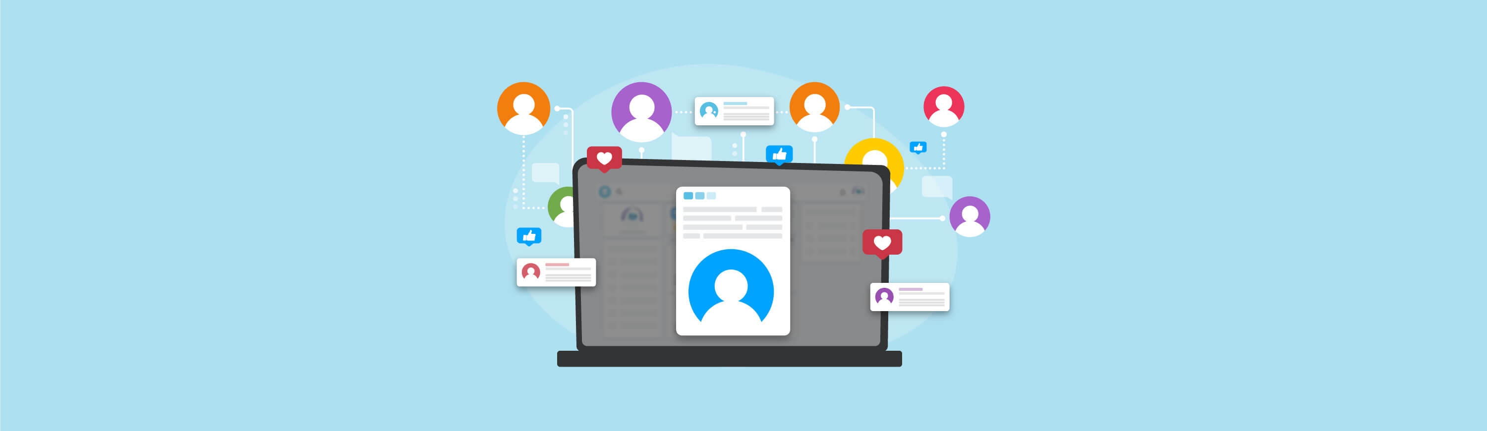 Illustration of a laptop with hearts and user icons surrounding it.