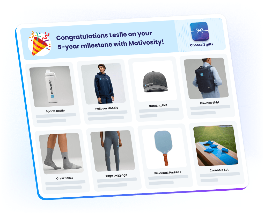 Custom employee gifting catalog in Motivosity for companies to celebrate employee milestones, recognition, and special experiences.
