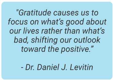 image with text - Gratitude causes us to focus on what’s good about our lives rather than what’s bad, shifting our outlook toward the positive. - Daniel J. Levitin