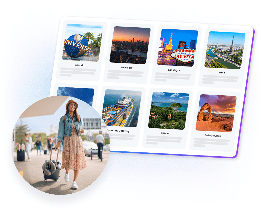 Travel experiences employees can redeem their rewards for in Motivosity, including trips, getaways, and adventures.