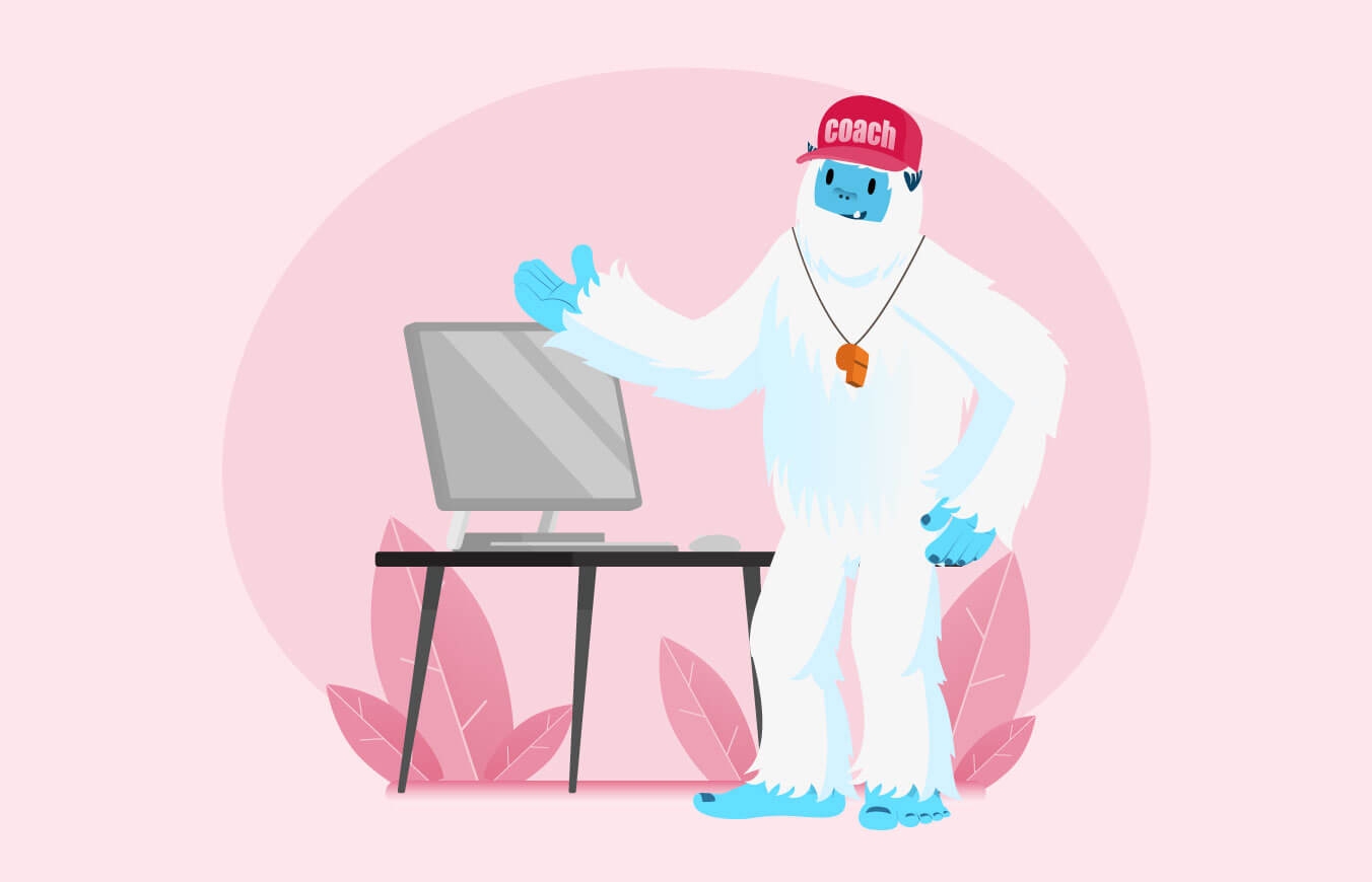 Illustration of Carl the yeti standing by a computer desk with a hat that says coach.