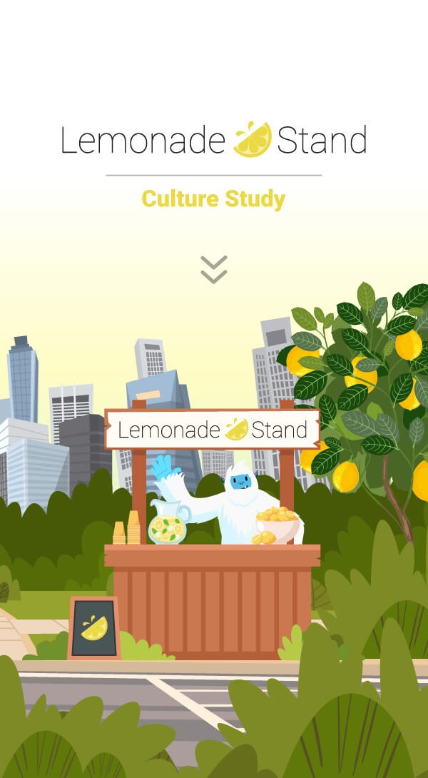 Illustration of a city with Carl the Yeti selling Lemonade at a Lemonade Stand