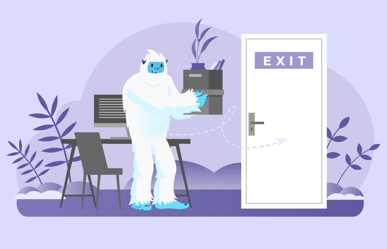 Illustration of Carl the yeti packing up his desk and walking towards an exit sign.