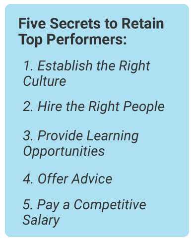 image with text - Five Secrets to Retain Top Performers: Establish the Right Culture, Hire the Right People, Provide Learning Opportunities, Offer Advice, Pay a Competitive Salary