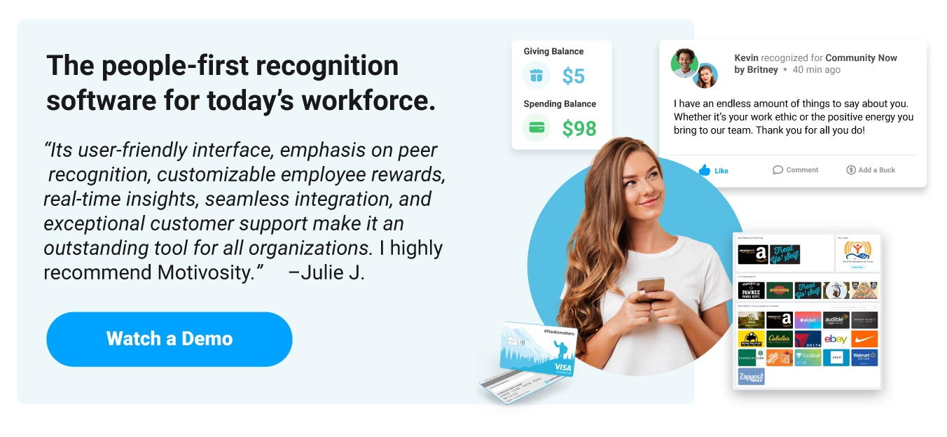 Image of a woman using Motivosity, an employee recognition and rewards solution used to celebrate an employee's contribution.