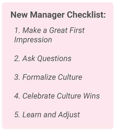 image with text - New manager checklist: Make a Great First Impression, ask questions, formalize culture, celebrate culture wins, learn and adjust.