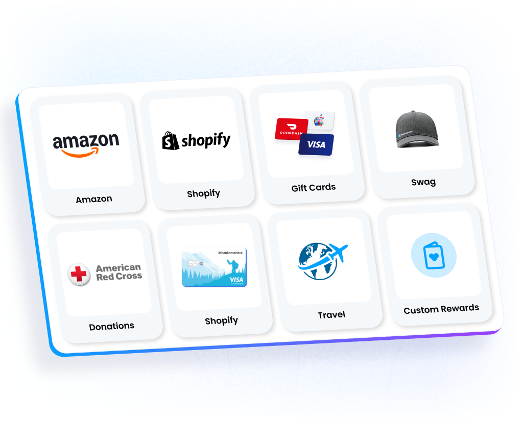 Choices of rewards employees can redeem in Motivosity, from gift cards and Amazon to Venmo, swag, and custom catalogs.