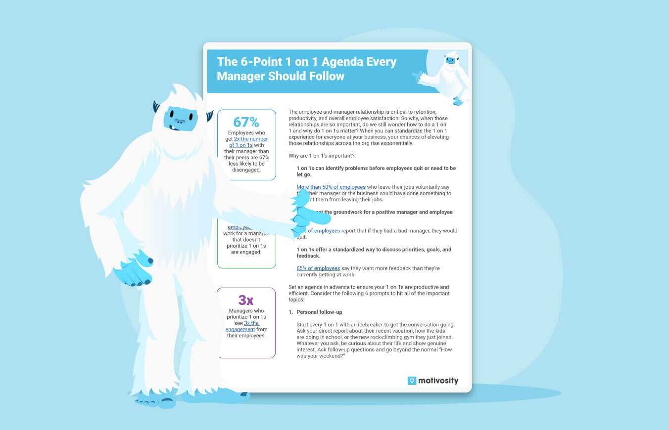 Illustration of Carl the Yeti pointing at The 6-Point 1 on 1 Agenda for Managers document.