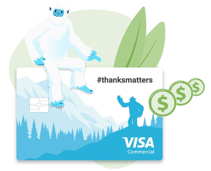 Illustration of Carl the Yeti sitting on the new Motivosity ThanksMatters Card.