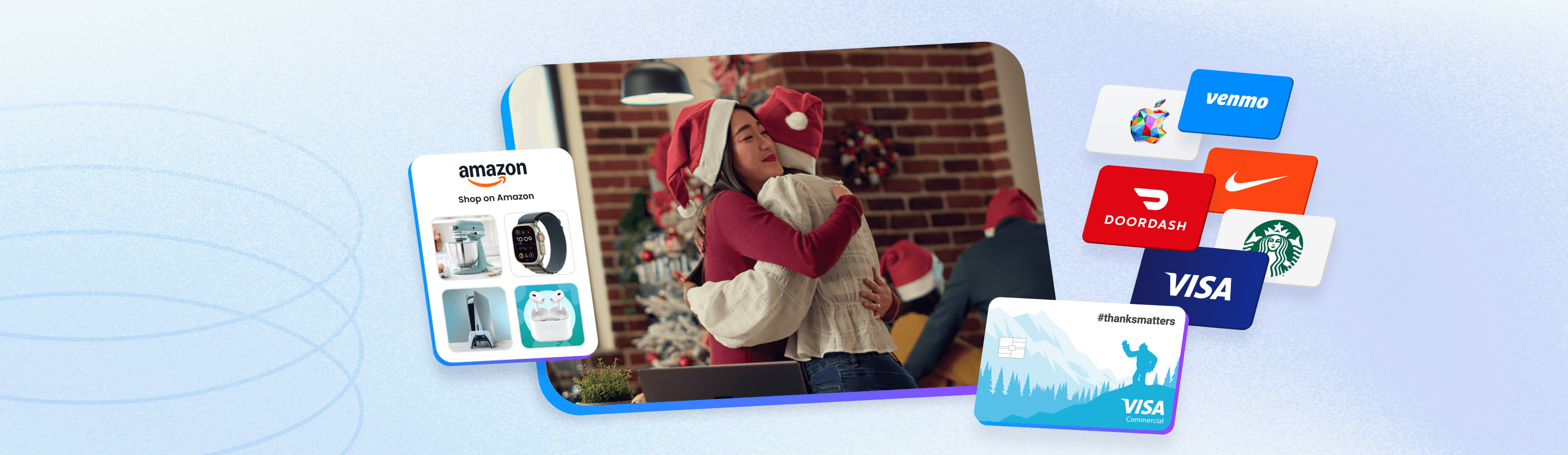 Friends hugging at work after exchanging a holiday gift box.