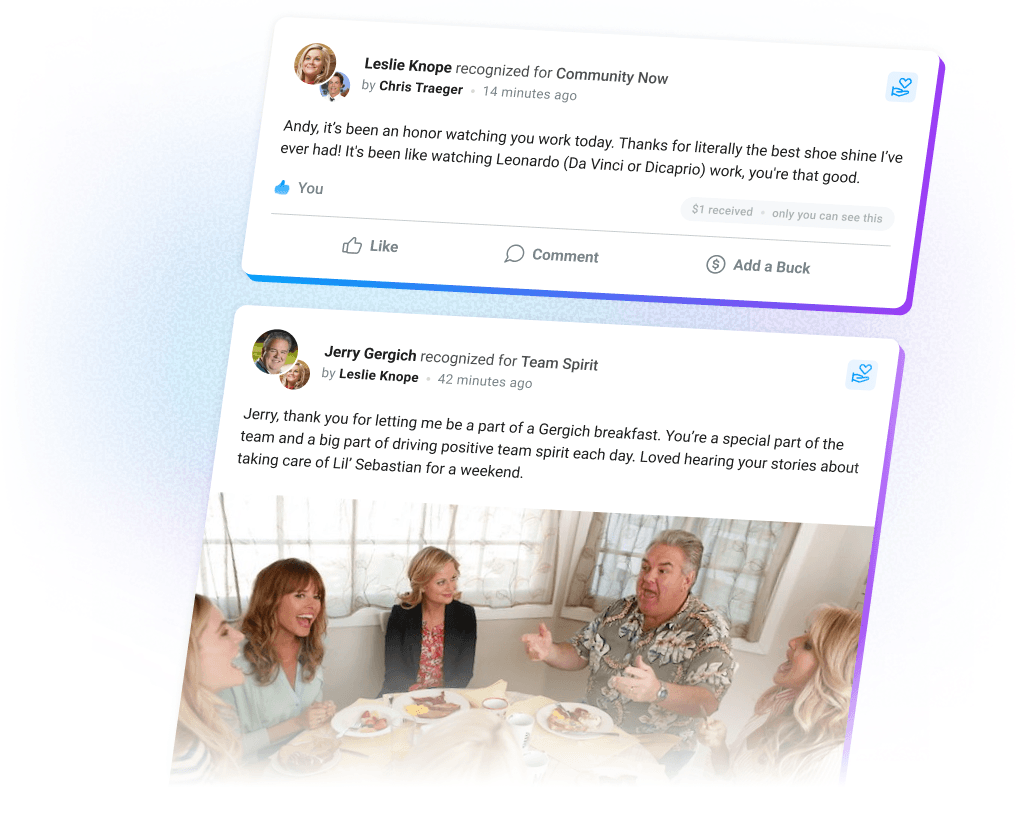 Employee posts in the Motivosity social feed sharing personal interests and building workplace connections.