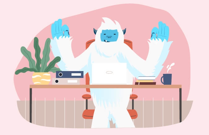 Illustration of Carl the yeti sitting at desk with laptop enjoying his day