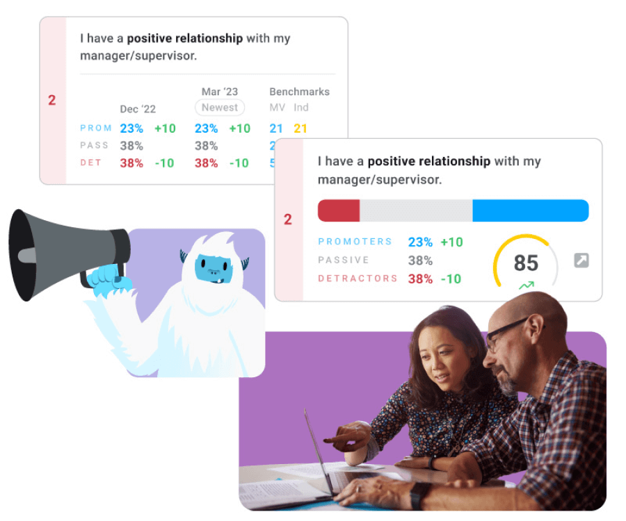 Image of Motivosity MV6 dashboard with two workers sitting by each other, pointing at a laptop screen.