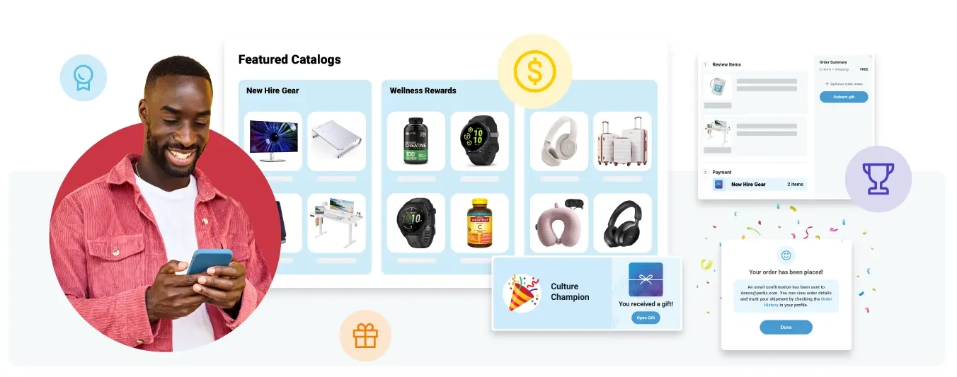 Image of the Motivosity mobile app and deskless employees using a phone and redeeming a reward.