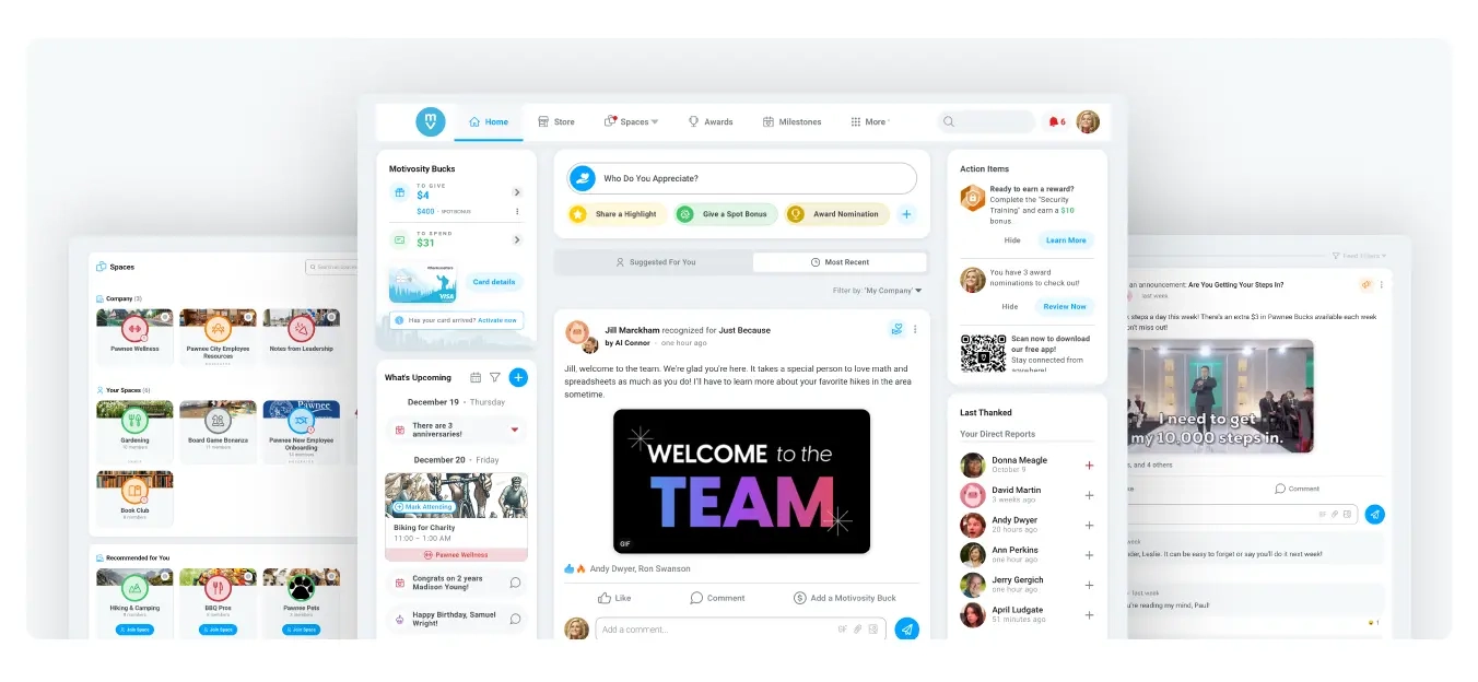 Image of Motivosity's social connection features that are used in conjunction with recognition programs to increase employee engagement.