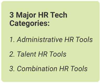 image with text - 3 Major HR Tech Categories: 1. Administrative HR Tools, 2. Talent HR Tools, 3. Combination HR Tools.