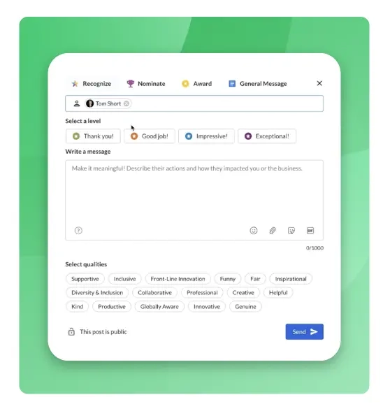 Image of the Kudos recognition modal. 