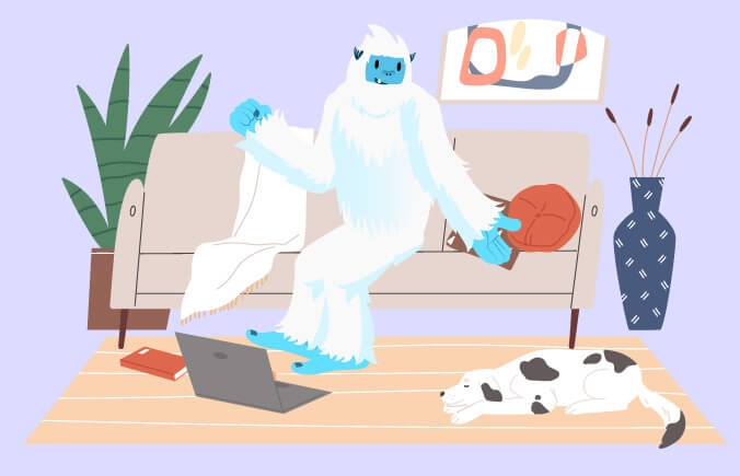 Illustration of Carl the Yeti sitting on floor of living room with laptop and dog next to him.