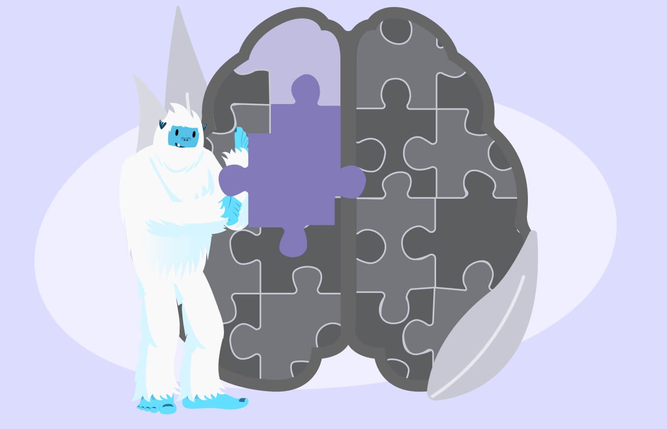 Illustration of Carl the yeti putting puzzle pieces together in the shape of a brain.