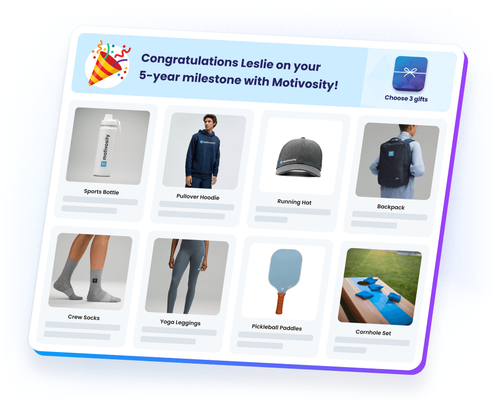 Employee gifts in Motivosity automated with milestone programs like birthdays, onboarding, and service anniversaries.