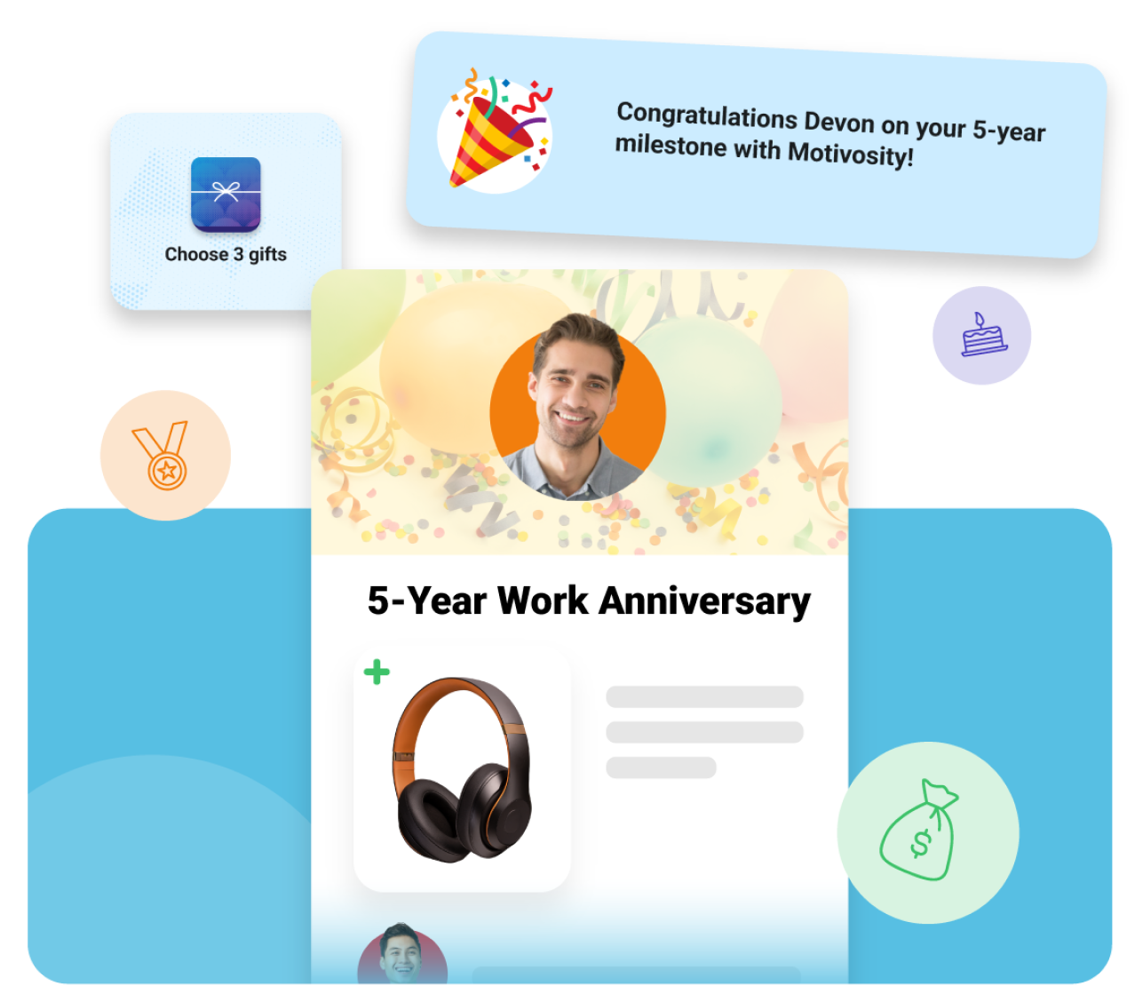 Image of Motivosity 5-Year Work Anniversary celebration with employee gift selection.