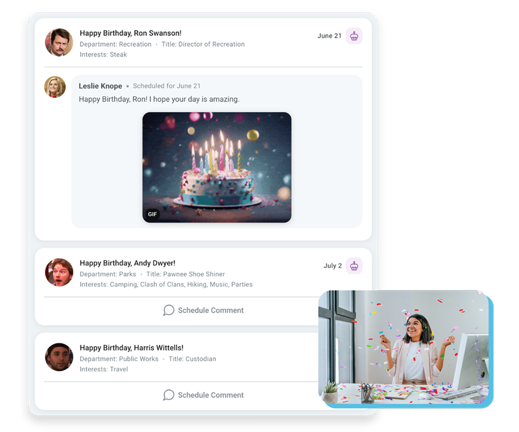 Image of Motivosity product UI showing employee birthdays in the social feed.