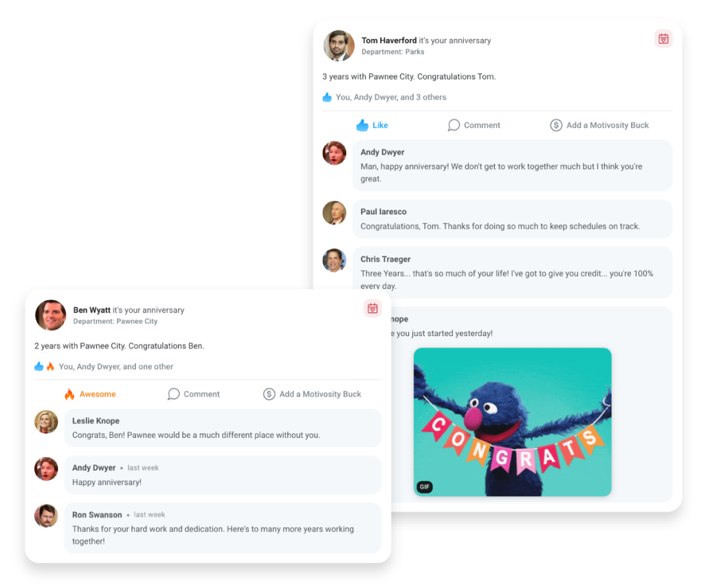 Image of social posts in the Motivosity UI showing employees congratulating their co-workers on work anniversaries.
