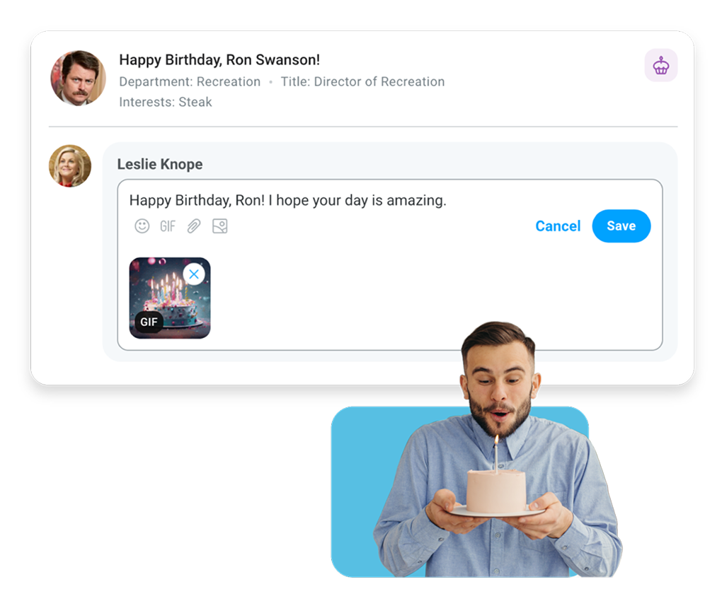 Image of a Motivosity birthday celebration with employee messages and animated GIFs