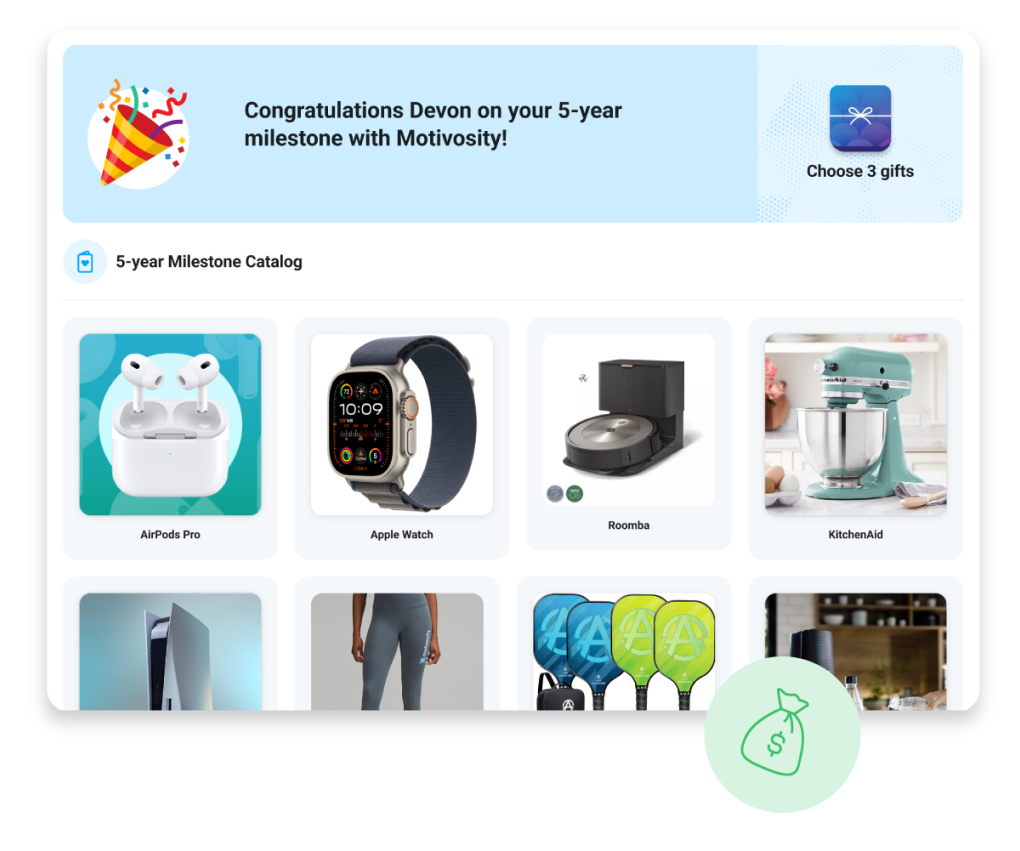 Image of reward option examples for a 5-year milestone in the Motivosity Store.