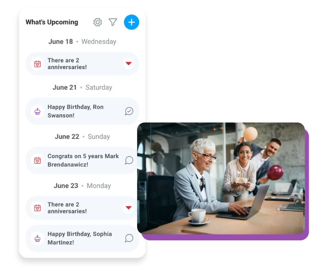 Image of the "What's Upcoming" modal in Motivosity displaying upcoming employee milestones, next to an image of employees celebrating a milestone together.