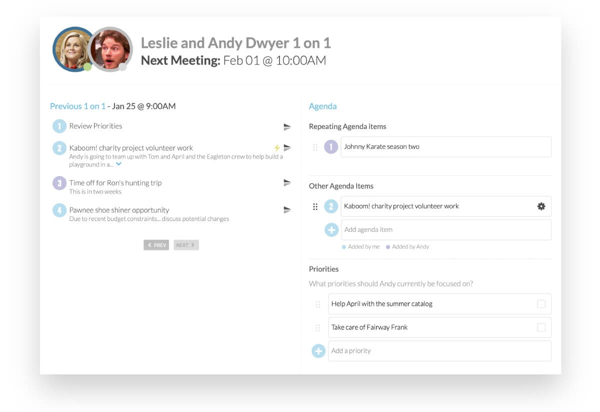 product screenshot - 1 on 1 meeting with priorities and agenda items