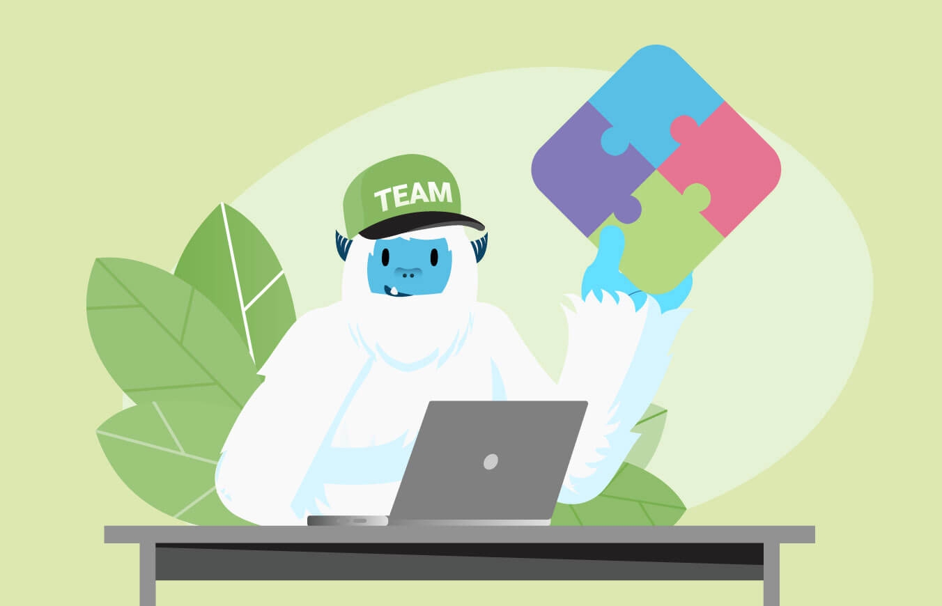 Illustration of Carl the yeti holding a puzzle piece with a hat that says Team on it.