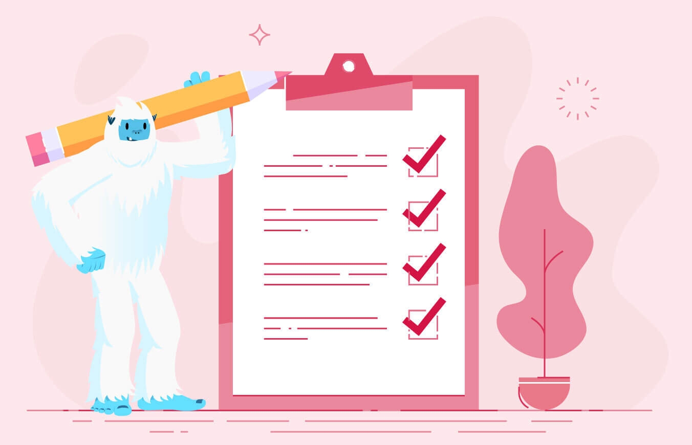 Illustration of Carl the yeti holding a giant pencil next to a clipboard with a checklist on it.