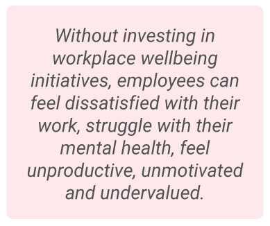 image with text - Without investing in workplace wellbeing initiatives, employees can feel dissatisfied with their work, struggle with their mental health, feel unproductive, unmotivated and undervalued.