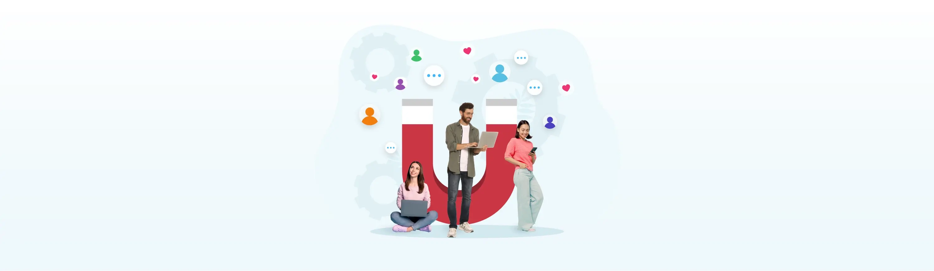 Image of the employees on laptops and smartphones with a magnet in the background.