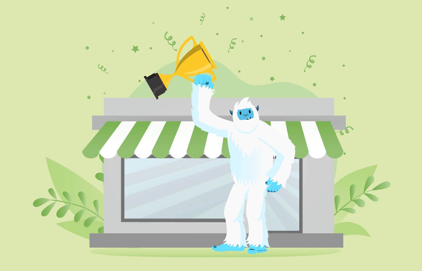 Illustration of Carl the Yeti standing outisde a small business cheering while holding a trophy.